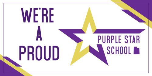 Image says "We are a proud purple star school" In pruple writing with a yellow and purple star on a white background